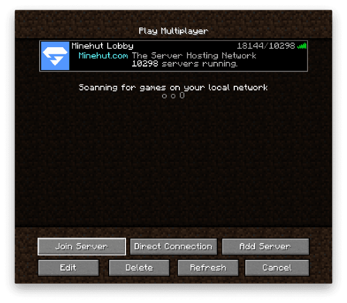Minecraft Java Edition - Server List with Minehut selected